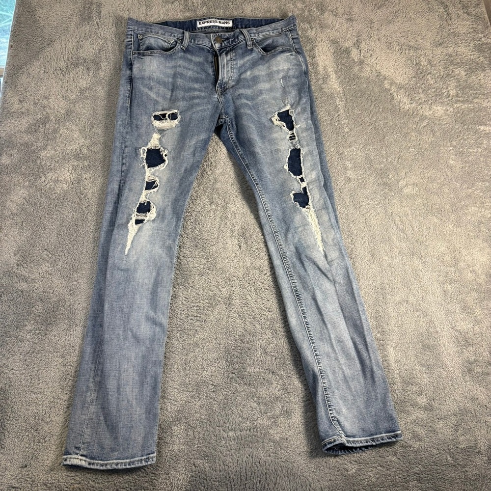 Express Jeans Mens Slim Distressed Light Wash Patched Denim Blue Pants